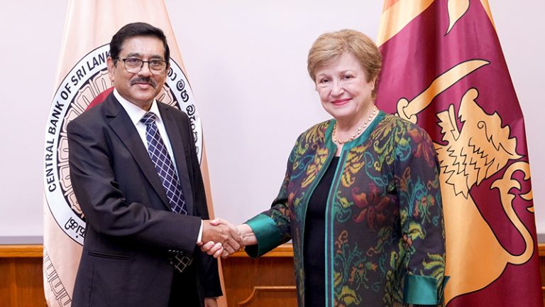 Kristalina Georgieva, IMF Managing Director, shakes hands with Central Bank of Sri Lanka Governor Dr. Nandalal Weerasinghe