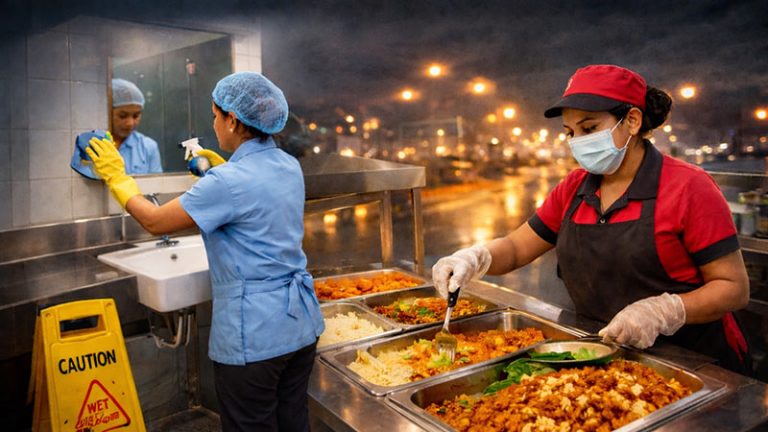 Two women working night shifts in Sri Lanka, one cleaning a restroom and the other serving food at a buffet