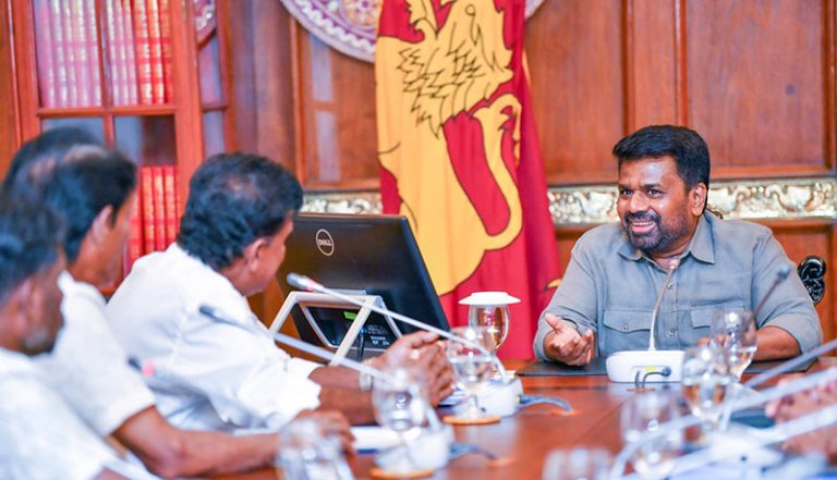 Sri Lanka President Anura Kumara Dissanayake in discussion with protesting madel fishermen at the Presidential Secretariat in Colombo on February 13, 2026