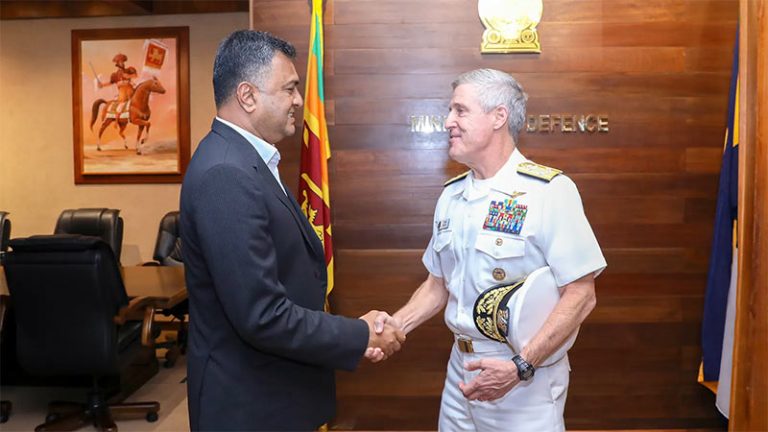 Admiral Stephen T. Koehler, Commander of the United States Pacific Fleet, shakes hands with Sri Lanka Defence Secretary Air Vice Marshal Sampath Thuyacontha at the Ministry of Defence in Sri Jayawardenepura Kotte on February 19, 2026