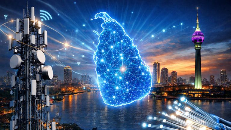 Digital graphic showing Sri Lanka with a glowing network map, a telecommunications tower, Colombo cityscape including Lotus Tower, and fiber optic cables, highlighting the country's plan to provide high-speed broadband to all by 2029