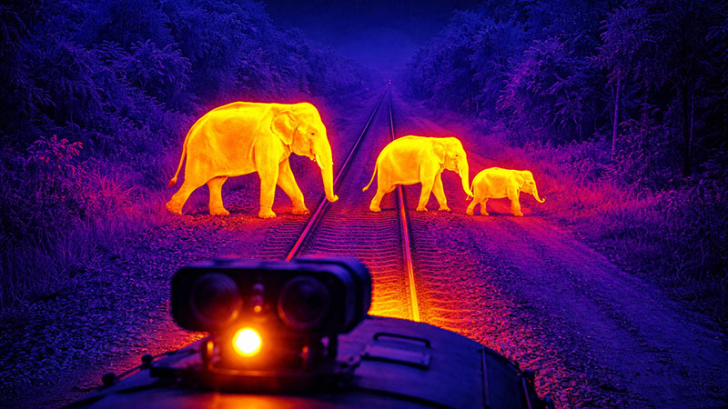 Thermal camera view of elephants crossing a railway line at night in Sri Lanka