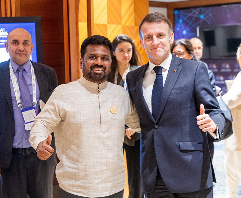 Sri Lanka President Anura Kumara Dissanayake with French President Emmanuel Macron during AI Impact 2026 Summit