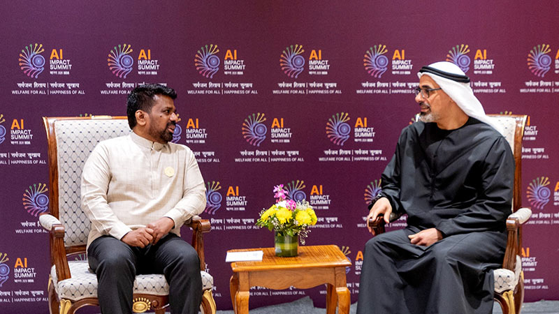Sri Lanka President Anura Kumara Dissanayake with Abu Dhabi Crown Prince Sheikh Khaled bin Mohamed bin Zayed Al Nahyan during AI Summit