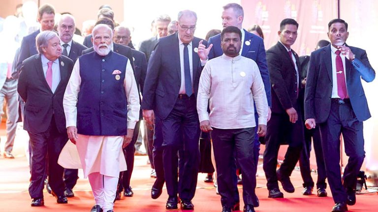 Sri Lanka President Anura Kumara Dissanayake walks alongside Indian Prime Minister Narendra Modi and other world leaders at the AI Impact 2026 Summit in New Delhi