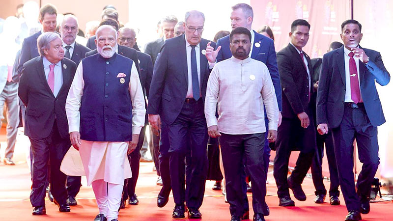 Sri Lanka President Anura Kumara Dissanayake walks alongside Indian Prime Minister Narendra Modi and other world leaders at the AI Impact 2026 Summit in New Delhi