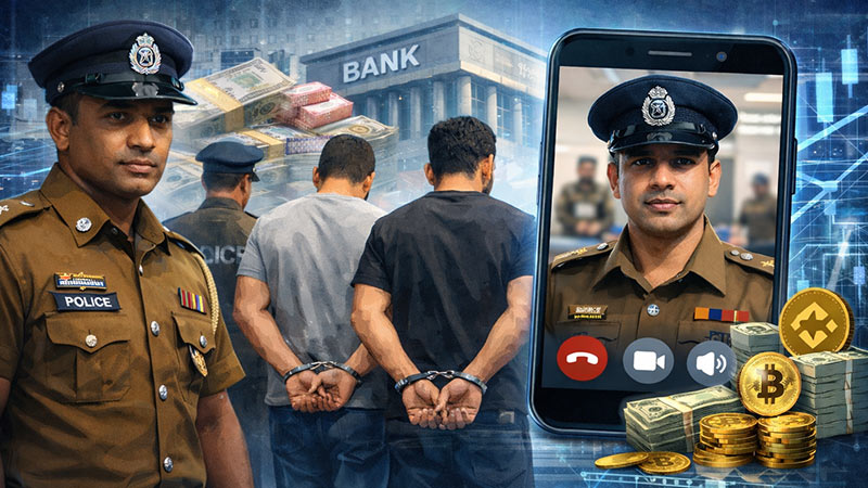 A digital illustration showing suspects arrested by Sri Lankan police for defrauding people using WhatsApp (WhatsApp Scam)