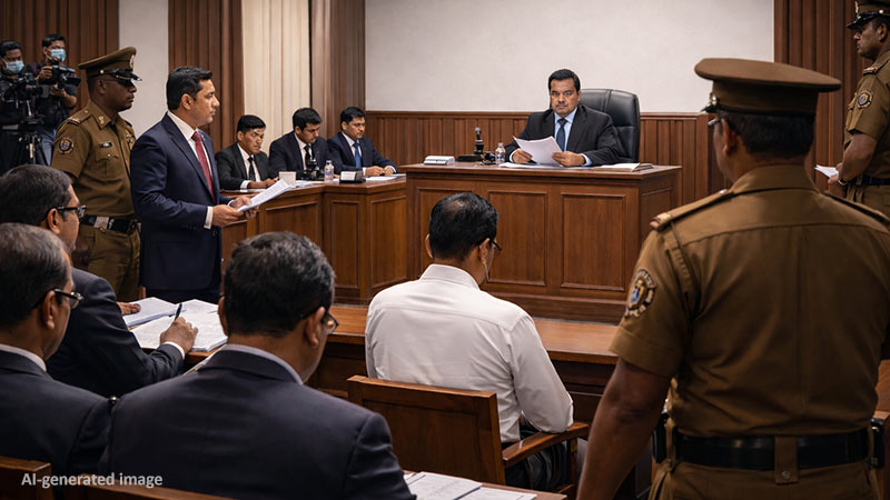 Sri Lanka courtroom hearing with a magistrate presiding while CID officers, lawyers, and police officers present evidence during a high profile investigation case