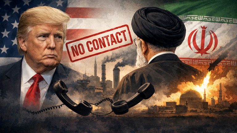 Illustration showing Donald Trump and an Iranian figure facing away from each other with a “No Contact” stamp, symbolizing Iran denying any communication or talks with Trump