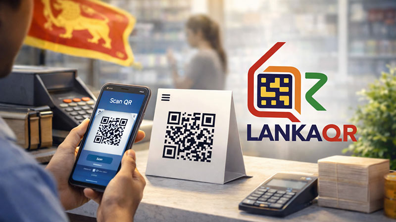 A person scans a QR code to make a payment at a shop in Sri Lanka