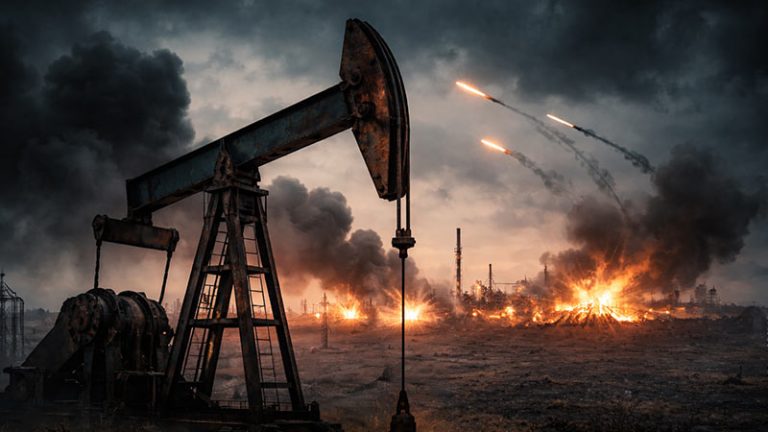 Oil pumpjack near burning oil refinery as explosions and smoke rise amid escalating conflict affecting global oil supplies