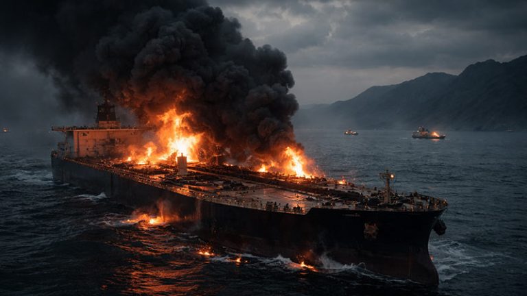Oil tanker engulfed in flames after attack in the Strait of Hormuz under dark cloudy skies