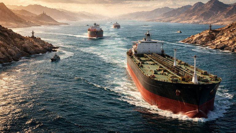 Oil tanker ships sailing through the Strait of Hormuz between rugged coastlines at sunset, illustrating global oil shipping route