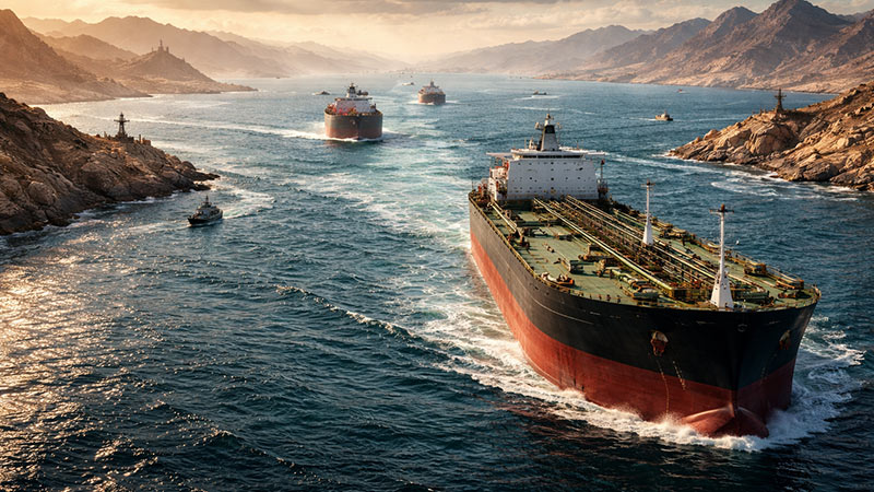 Oil tanker ships sailing through the Strait of Hormuz between rugged coastlines at sunset, illustrating global oil shipping route