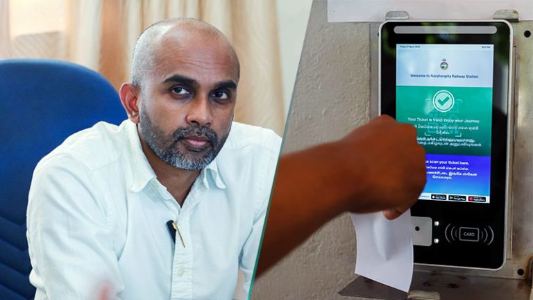 Deputy Minister of Transport and Highways Dr. Prasanna Gunasena beside Sri Lanka’s new railway ticketing system machine