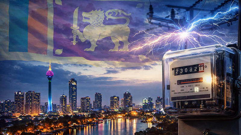 Transparent Sri Lankan flag in the sky above Colombo skyline with electric sparks, power lines, and an electricity meter in the foreground