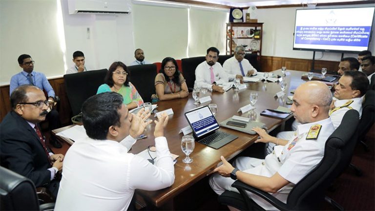 Officials attend a discussion on expanding foreign employment opportunities for retiring Sri Lanka Navy personnel in the shipping and marine sector at a meeting table in Colombo on March 30, 2026