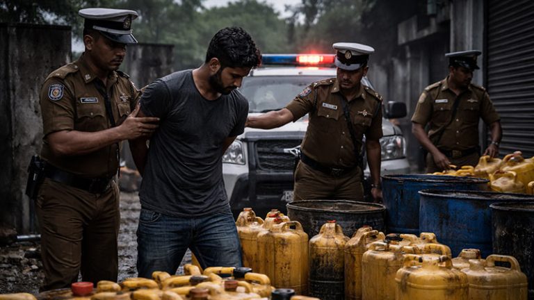 Sri Lanka Police arresting a man suspected of hoarding fuel beside multiple yellow fuel containers under gloomy conditions
