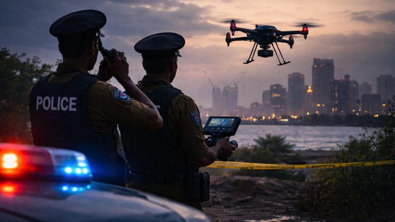 Sri Lanka Police officers monitoring a drone flying over a city area amid national security concerns about drone misuse