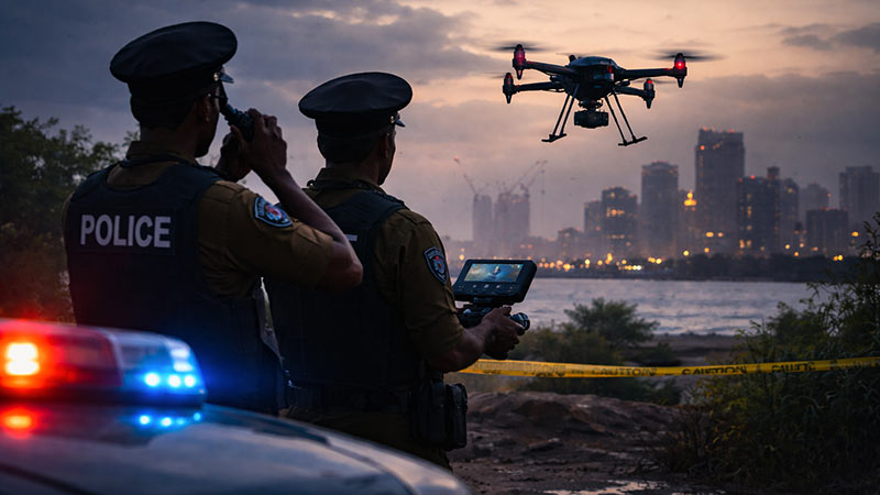 Sri Lanka Police officers monitoring a drone flying over a city area amid national security concerns about drone misuse