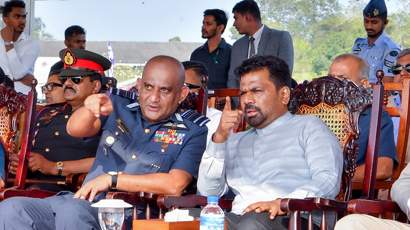 Sri Lankan President Anura Kumara Dissanayake watches the Sri Lanka Air Force air display during the 75th anniversary exhibition at SLAF Base Ratmalana