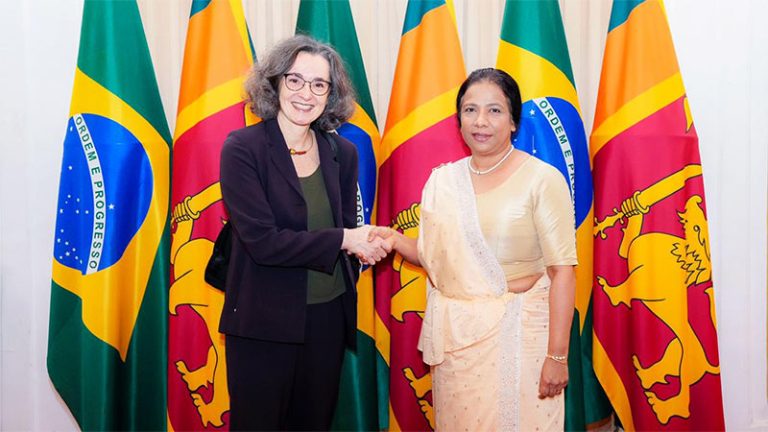 Ambassador Susan Kleebank, Secretary for Asia and the Pacific at Brazil’s Ministry of Foreign Affairs, shakes hands with Aruni Ranaraja, Secretary to Sri Lanka’s Ministry of Foreign Affairs, Foreign Employment and Tourism
