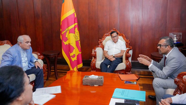 Sri Lanka Foreign Minister Vijitha Herath meeting Russian Ambassador Levan S. Dzhagaryan at the Ministry of Foreign Affairs in Colombo to discuss fuel imports from Russia