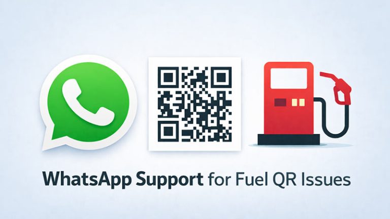 Sri Lanka launched WhatsApp support for fuel QR system issues with infographic showing WhatsApp icon, QR code, and fuel pump