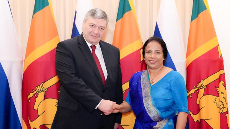 Andrey Rudenko, Deputy Minister of Foreign Affairs of the Russian Federation, shakes hands with Aruni Ranaraja, Secretary of Sri Lanka’s Ministry of Foreign Affairs, Foreign Employment & Tourism, during the Sri Lanka-Russia bilateral political consultations in Colombo on April 2, 2026