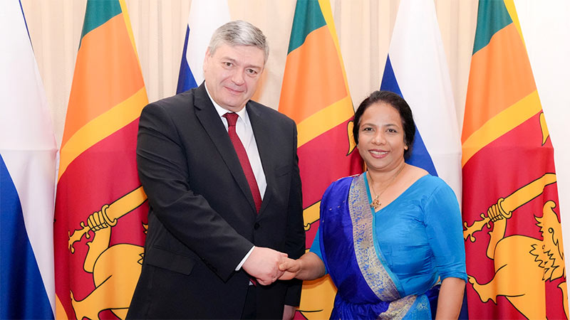 Andrey Rudenko, Deputy Minister of Foreign Affairs of the Russian Federation, shakes hands with Aruni Ranaraja, Secretary of Sri Lanka’s Ministry of Foreign Affairs, Foreign Employment & Tourism, during the Sri Lanka-Russia bilateral political consultations in Colombo on April 2, 2026