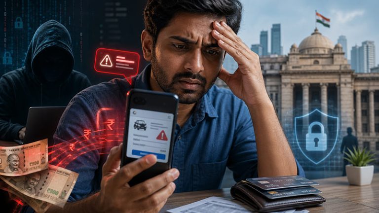 Worried Indian man looking at a fake payment alert on a smartphone, with a hacker, rupee symbols, credit cards and banking security concept showing digital payment fraud in India