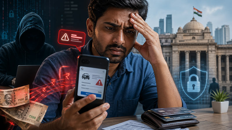 Worried Indian man looking at a fake payment alert on a smartphone, with a hacker, rupee symbols, credit cards and banking security concept showing digital payment fraud in India