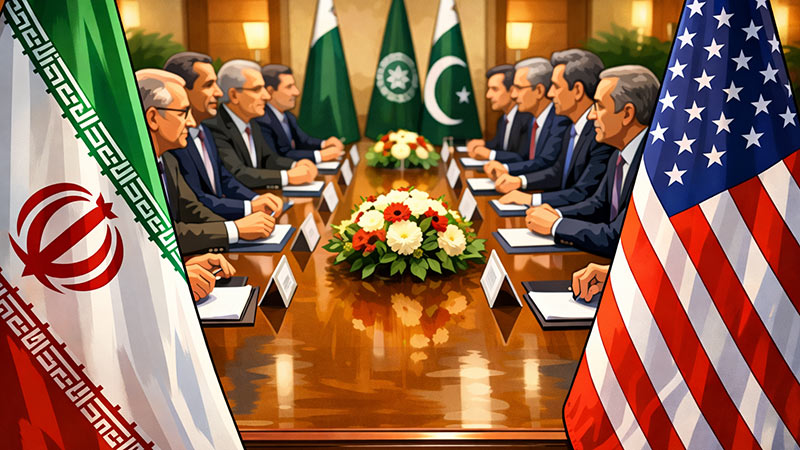 Illustration of Iranian and US delegations holding ceasefire talks in Islamabad with national flags in the foreground