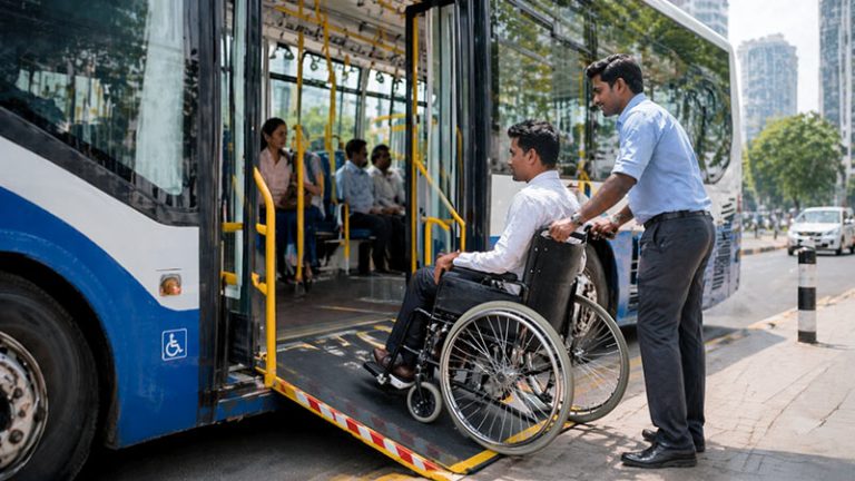Wheelchair user boarding a low-floor accessible bus with assistance in Colombo, Sri Lanka