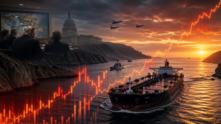 Oil tanker in the Strait of Hormuz with rising oil price chart, military jets, and Washington briefing scene showing Iran war tensions and global energy market concerns