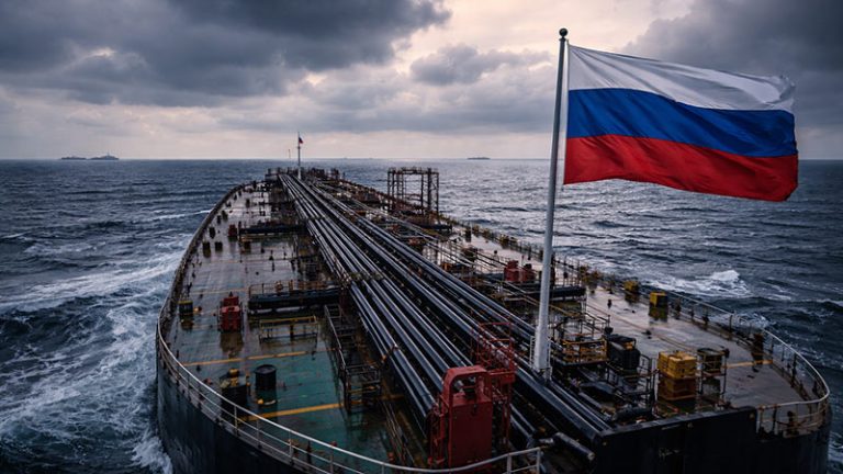 Russian-flagged oil tanker at sea under a dark stormy sky in a realistic wide-angle news image