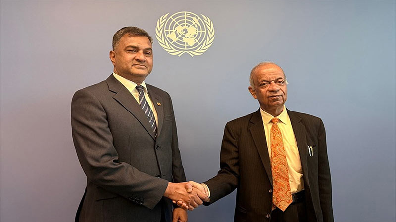 Secretary of Defence Air Vice Marshal (Retd) Sampath Thuyacontha shakes hands with UN Under-Secretary-General for Operational Support Atul Khare at the United Nations Headquarters in New York