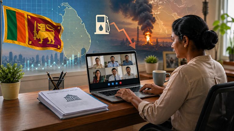 Sri Lankan public sector employee working remotely on a laptop as the government expands remote work amid fuel and economic concerns