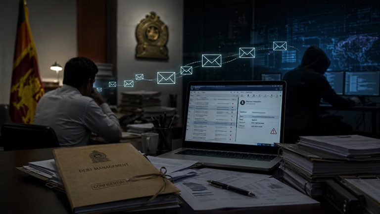 Sri Lankan Treasury under the Ministry of Finance fraud concept image showing a dark hacker scene, flowing emails, and Public Debt Management Office documents representing the USD 2.5 million financial fraud investigation