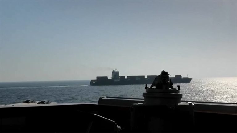 US military opens fire on the Iranian-flagged cargo ship Touska before seizing it near the Strait of Hormuz on April 20, 2026