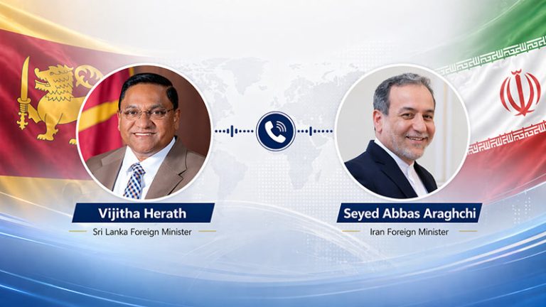 Vijitha Herath and Seyed Abbas Araghchi in a diplomatic phone call news graphic with Sri Lanka and Iran flag backgrounds