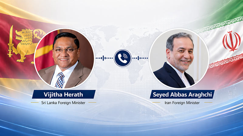 Vijitha Herath and Seyed Abbas Araghchi in a diplomatic phone call news graphic with Sri Lanka and Iran flag backgrounds
