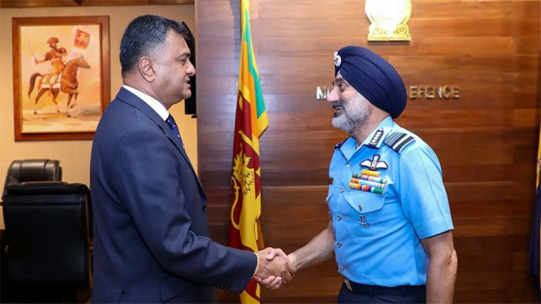 Indian Air Chief Marshal Amar Preet Singh shakes hands with Sri Lanka Defence Secretary Air Vice Marshal (Retd) Sampath Thuyacontha at the Ministry of Defence on May 19, 2026
