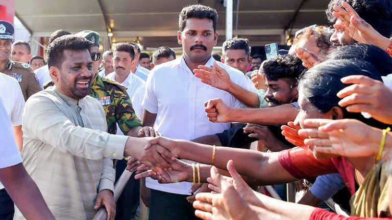 Sri Lankan President Anura Kumara Dissanayake greeting the crowd in Batticaloa