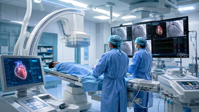 Doctors working in a modern cardiac catheterization lab with angiography equipment and heart-monitor screens, illustrating Sri Lanka’s state hospital cath lab expansion