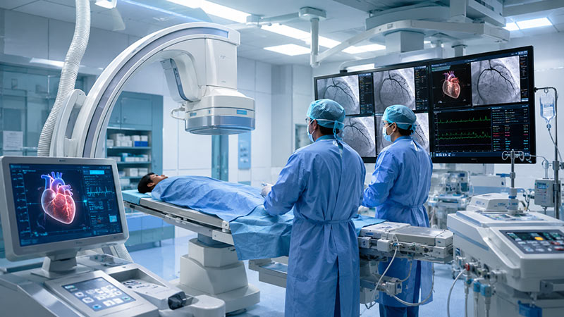 Doctors working in a modern cardiac catheterization lab with angiography equipment and heart-monitor screens, illustrating Sri Lanka’s state hospital cath lab expansion