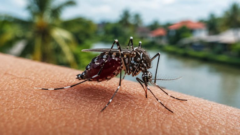 Close-up of a dengue mosquito feeding on human skin
