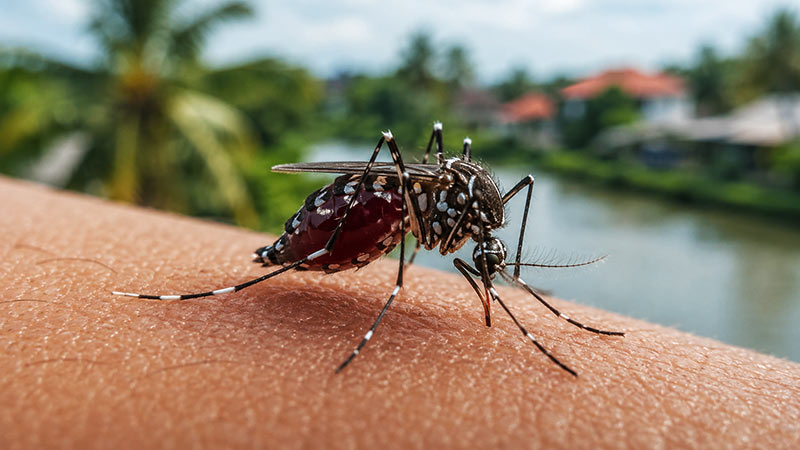 Close-up of a dengue mosquito feeding on human skin
