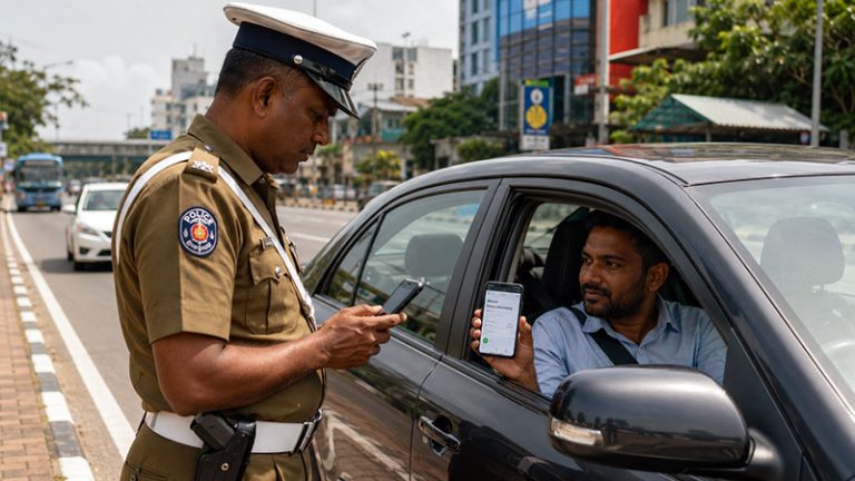 Sri Lanka Police officer verifies a driver’s Digital Motor Insurance Card during a roadside check