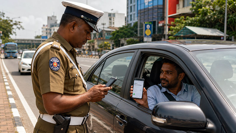 Sri Lanka Police officer verifies a driver’s Digital Motor Insurance Card during a roadside check